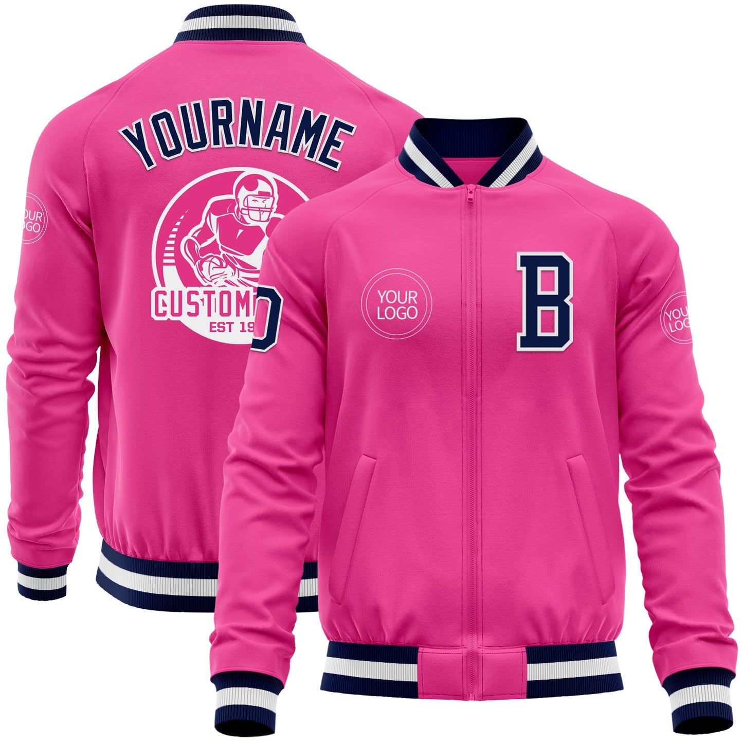 Custom Pink Navy-White Bomber Varsity Letterman Zipper Jacket - Main View