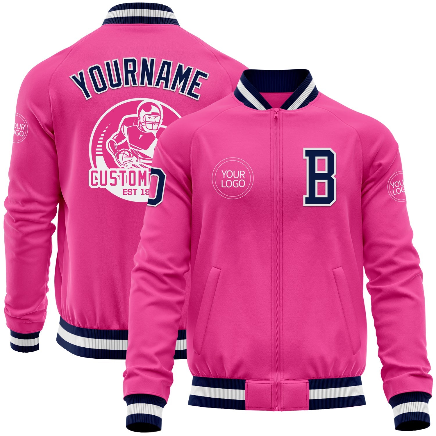 Custom Pink Navy-White Bomber Varsity Letterman Zipper Jacket - Main View