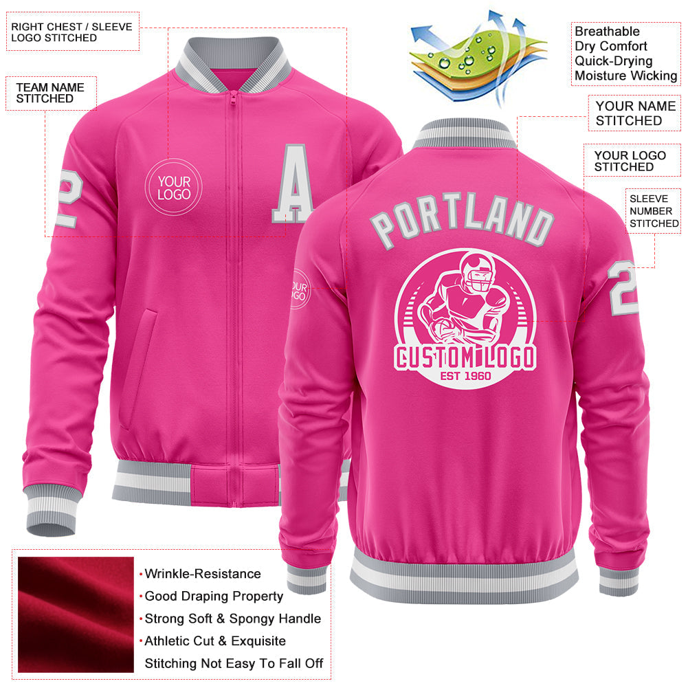 Custom Pink White-Gray Bomber Varsity Letterman Zipper Jacket view 4