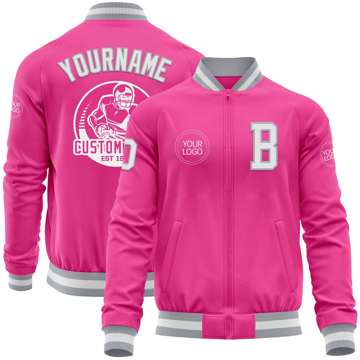 Custom Pink White-Gray Bomber Varsity Letterman Zipper Jacket - Main View