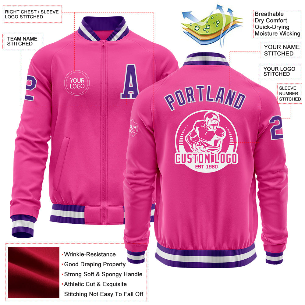 Custom Pink Purple-White Bomber Varsity Letterman Zipper Jacket view 4