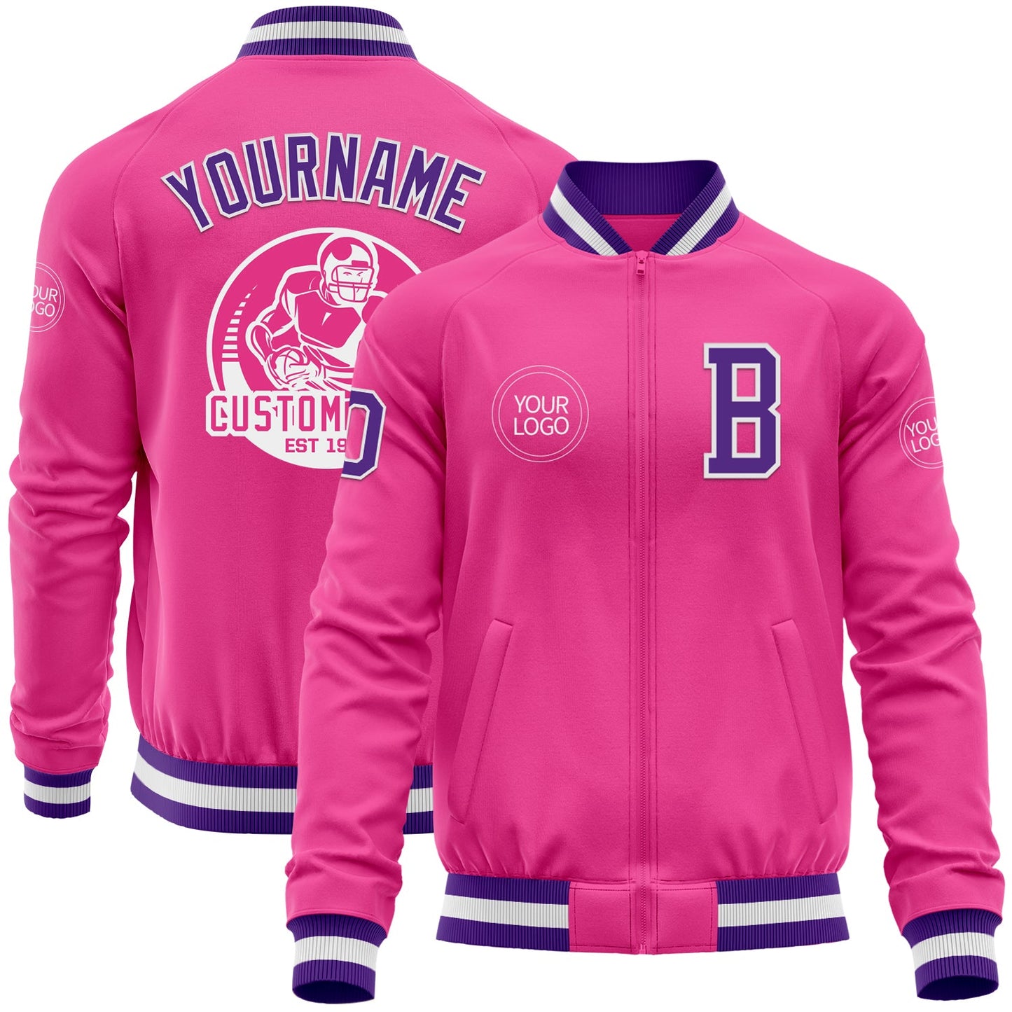 Custom Pink Purple-White Bomber Varsity Letterman Zipper Jacket - Main View