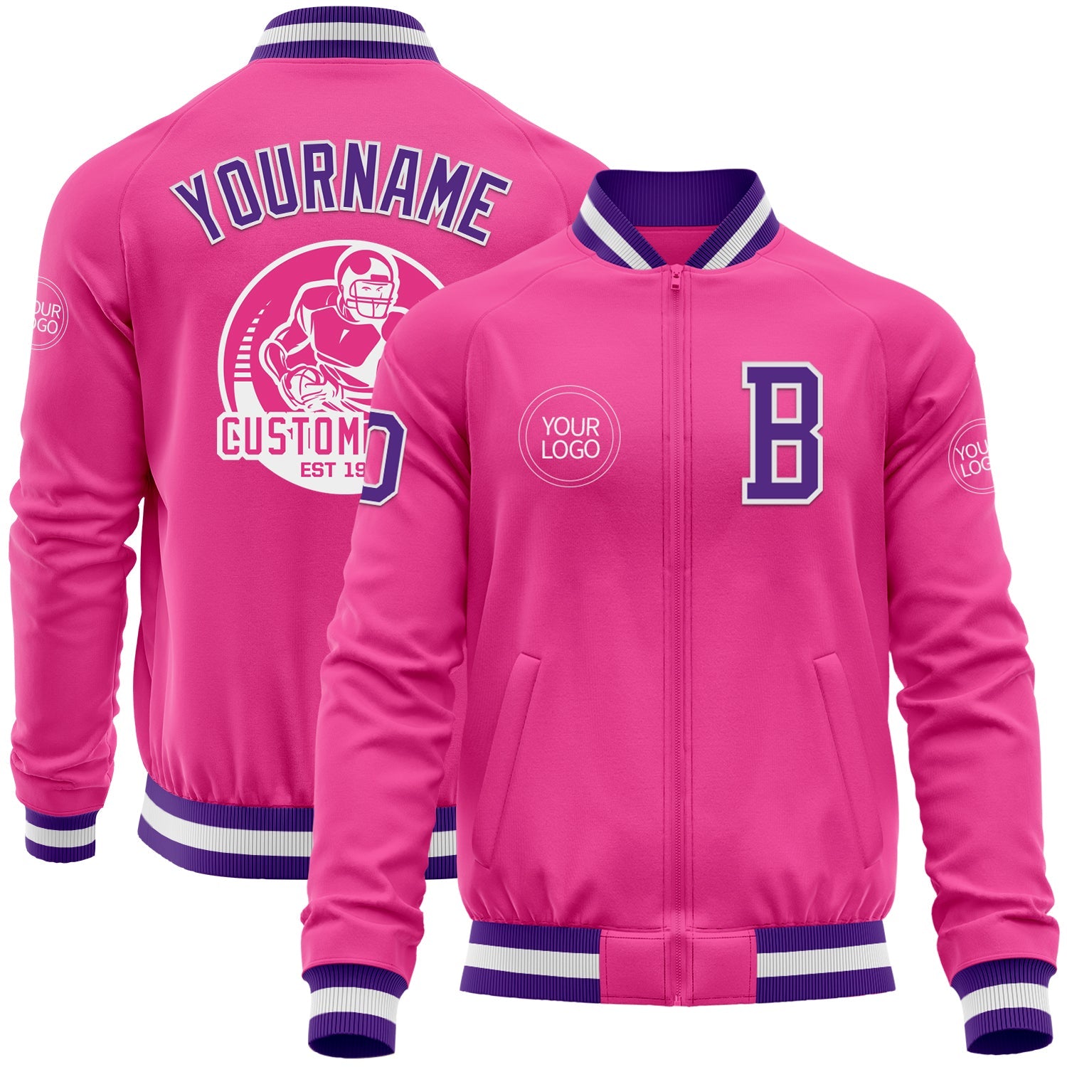 Custom Pink Purple-White Bomber Varsity Letterman Zipper Jacket - Main View
