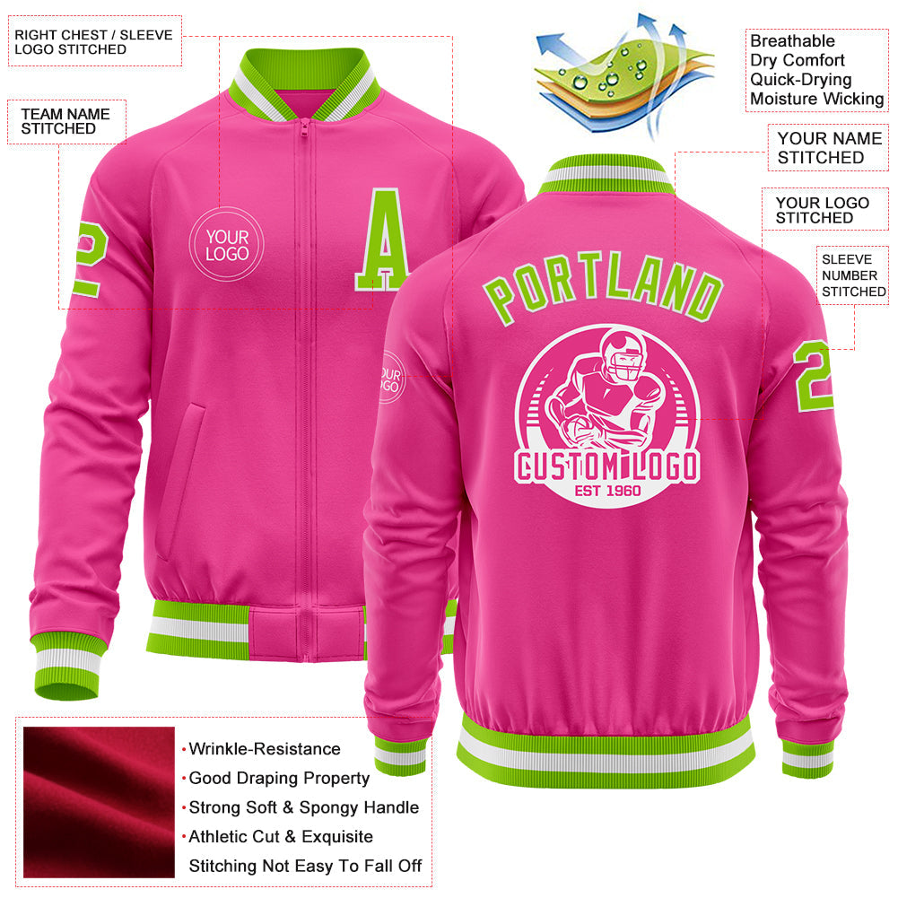 Custom Pink Neon Green-White Bomber Varsity Letterman Zipper Jacket view 4