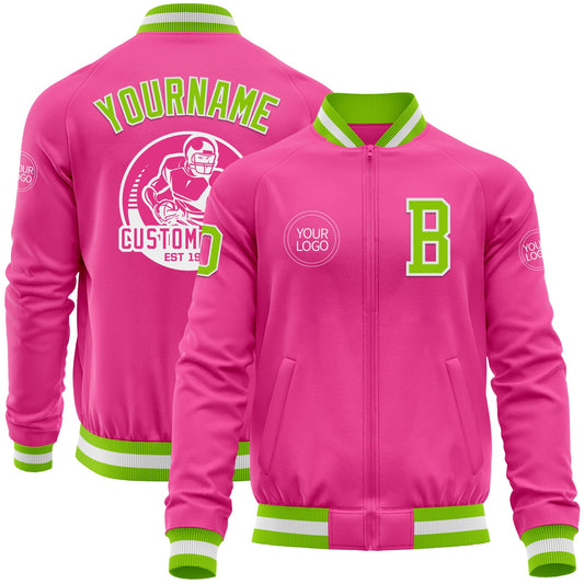 Custom Pink Neon Green-White Bomber Varsity Letterman Zipper Jacket - Main View