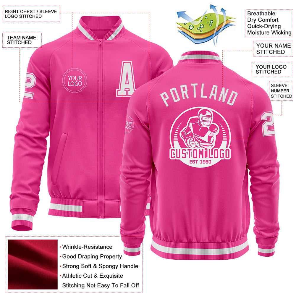 Custom Pink White Bomber Varsity Letterman Zipper Jacket view 4