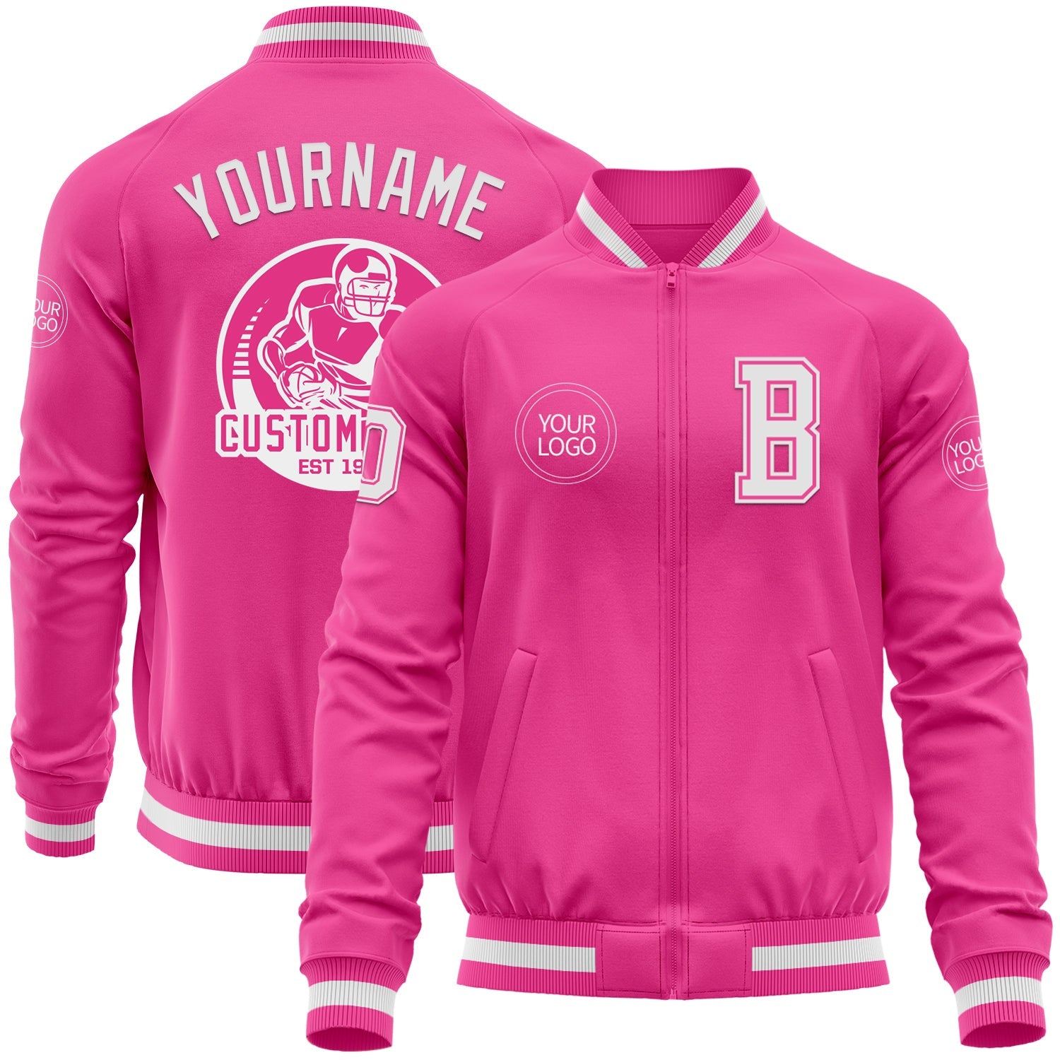 Custom Pink White Bomber Varsity Letterman Zipper Jacket - Main View