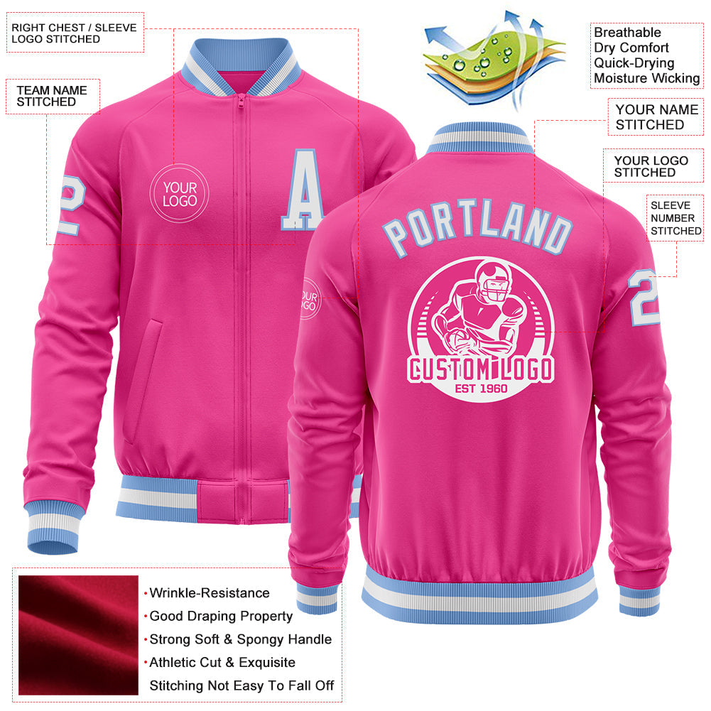 Custom Pink White-Light Blue Bomber Varsity Letterman Zipper Jacket view 4