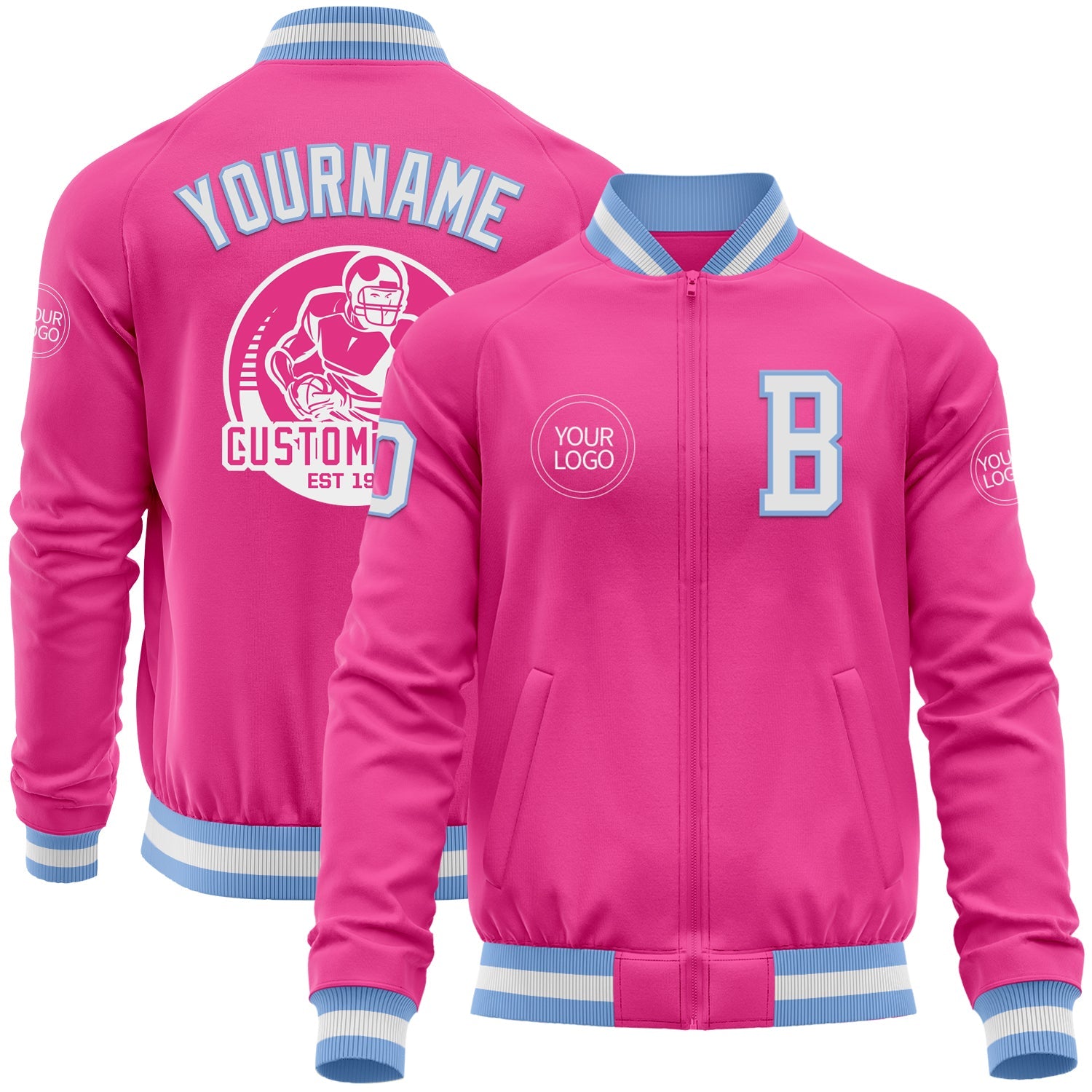 Custom Pink White-Light Blue Bomber Varsity Letterman Zipper Jacket - Main View