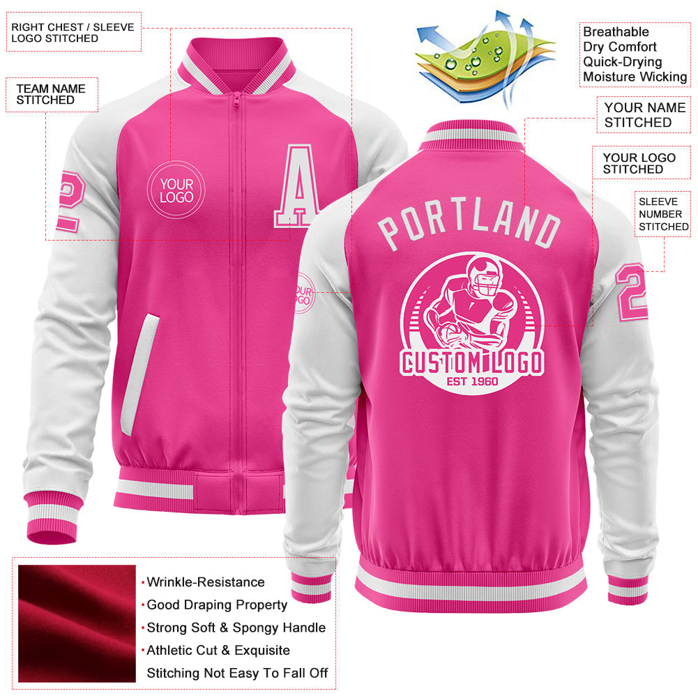 Custom Pink White Bomber Varsity Letterman Two Tone Zipper Jacket view 4