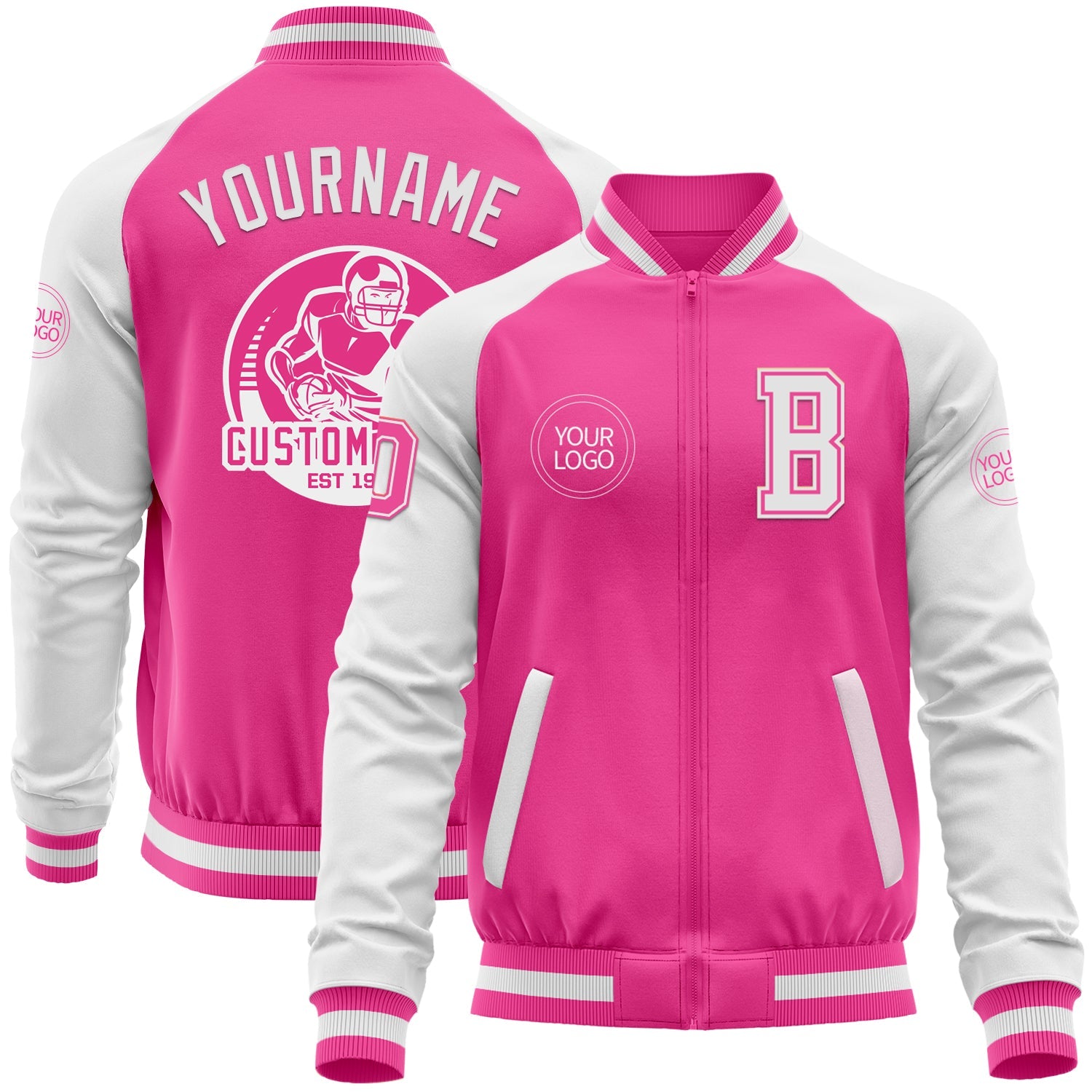 Custom Pink White Bomber Varsity Letterman Two Tone Zipper Jacket - Main View