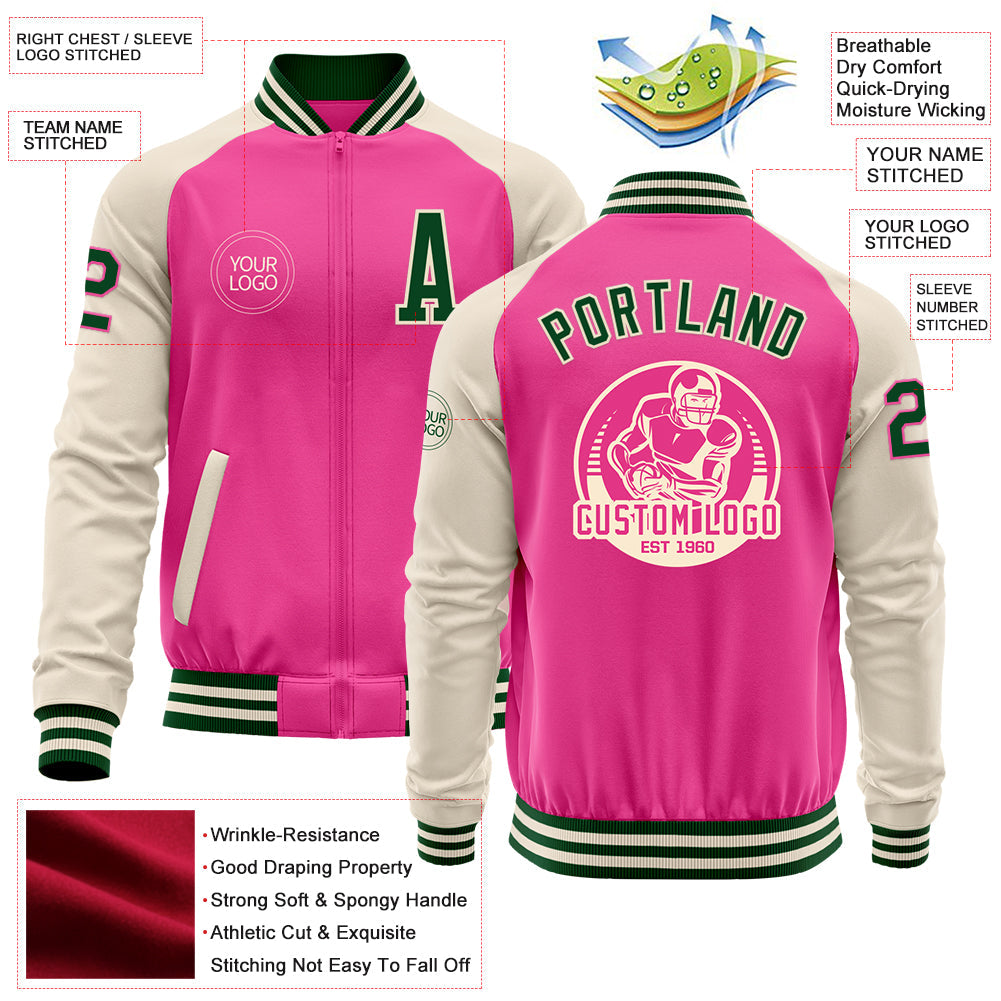 Custom Pink Green-Cream Bomber Varsity Letterman Two Tone Zipper Jacket view 4