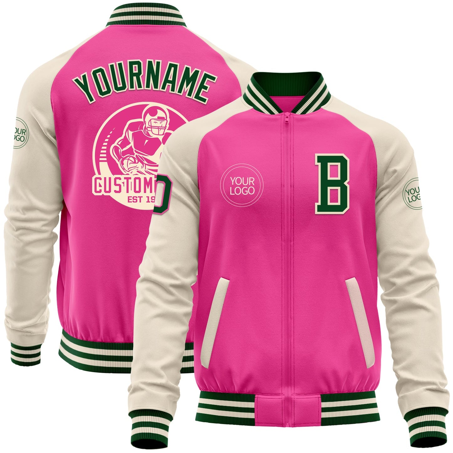 Custom Pink Green-Cream Bomber Varsity Letterman Two Tone Zipper Jacket - Main View