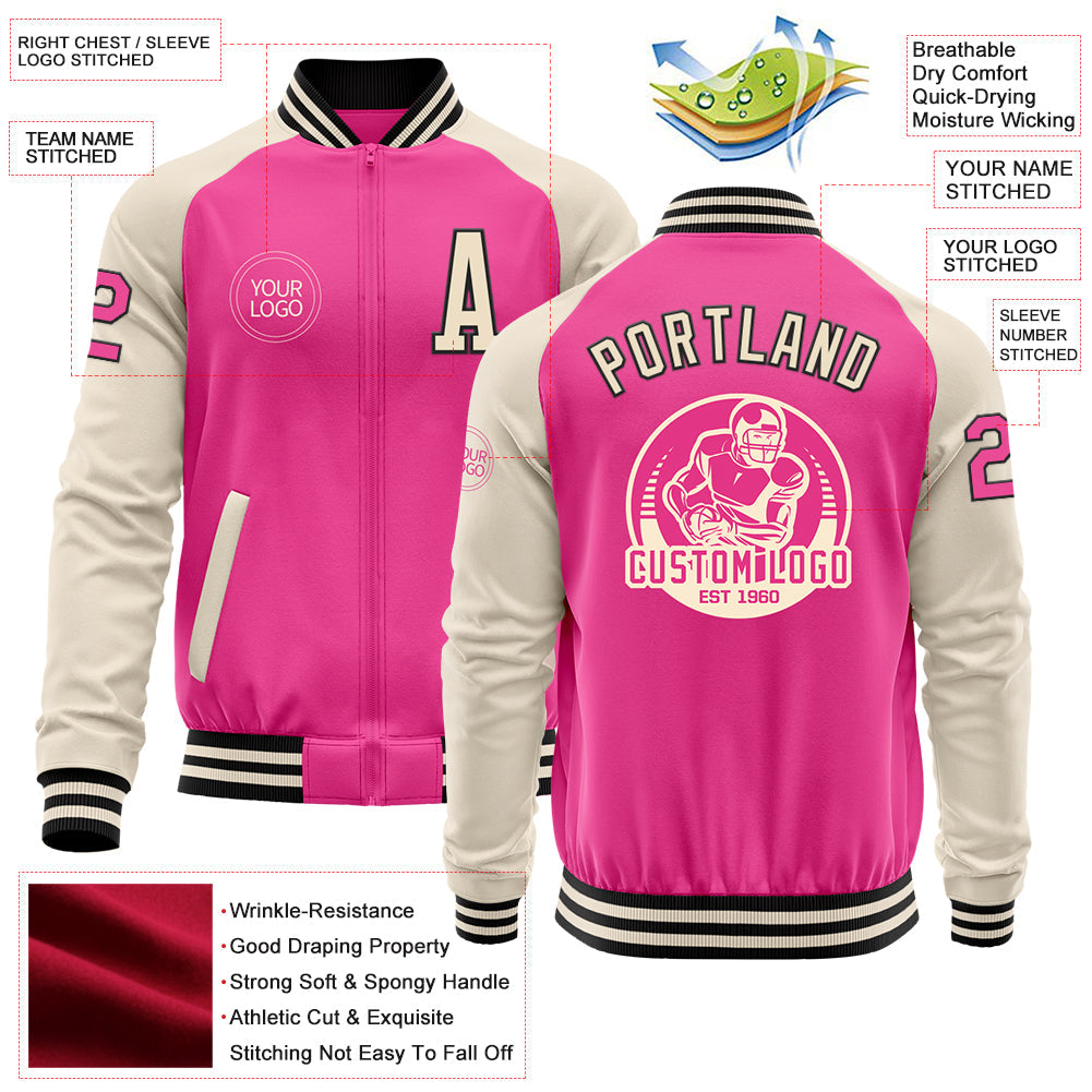 Custom Pink Black-Cream Bomber Varsity Letterman Two Tone Zipper Jacket view 4