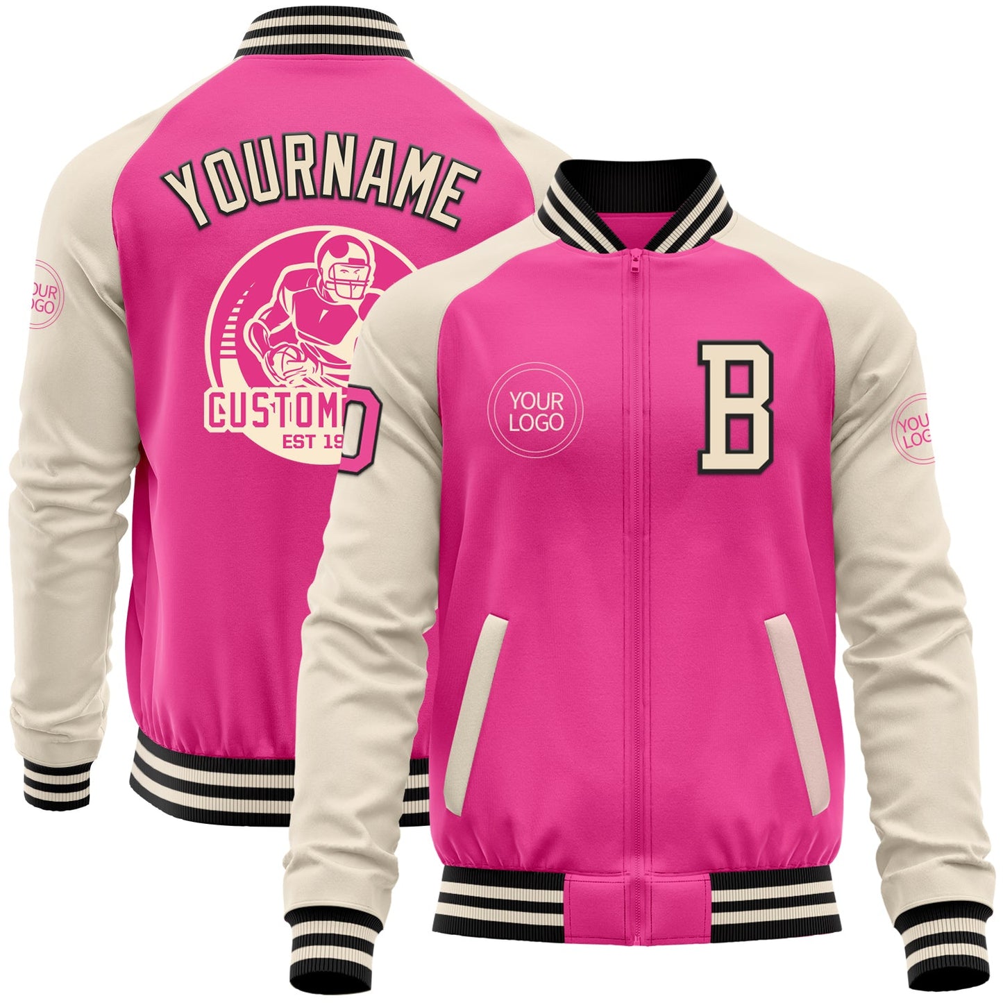 Custom Pink Black-Cream Bomber Varsity Letterman Two Tone Zipper Jacket - Main View