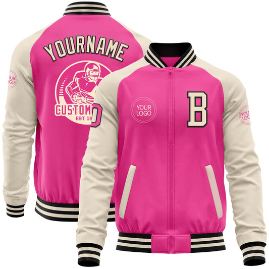 Custom Pink Black-Cream Bomber Varsity Letterman Two Tone Zipper Jacket - Main View