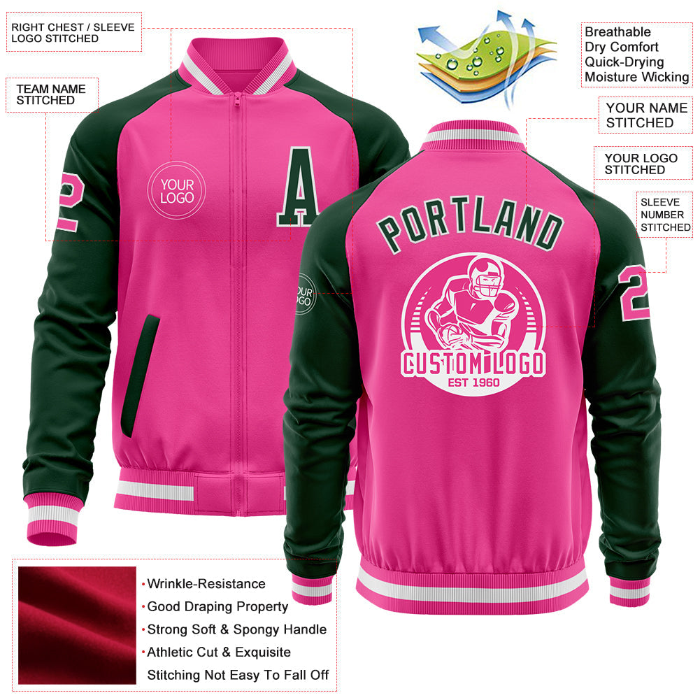 Custom Pink White-Green Bomber Varsity Letterman Two Tone Zipper Jacket view 4