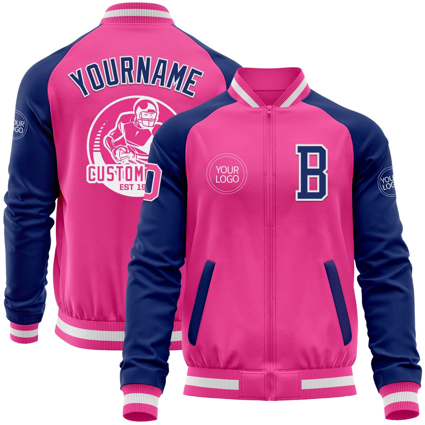 Custom Pink White-Royal Bomber Varsity Letterman Two Tone Zipper Jacket - Main View