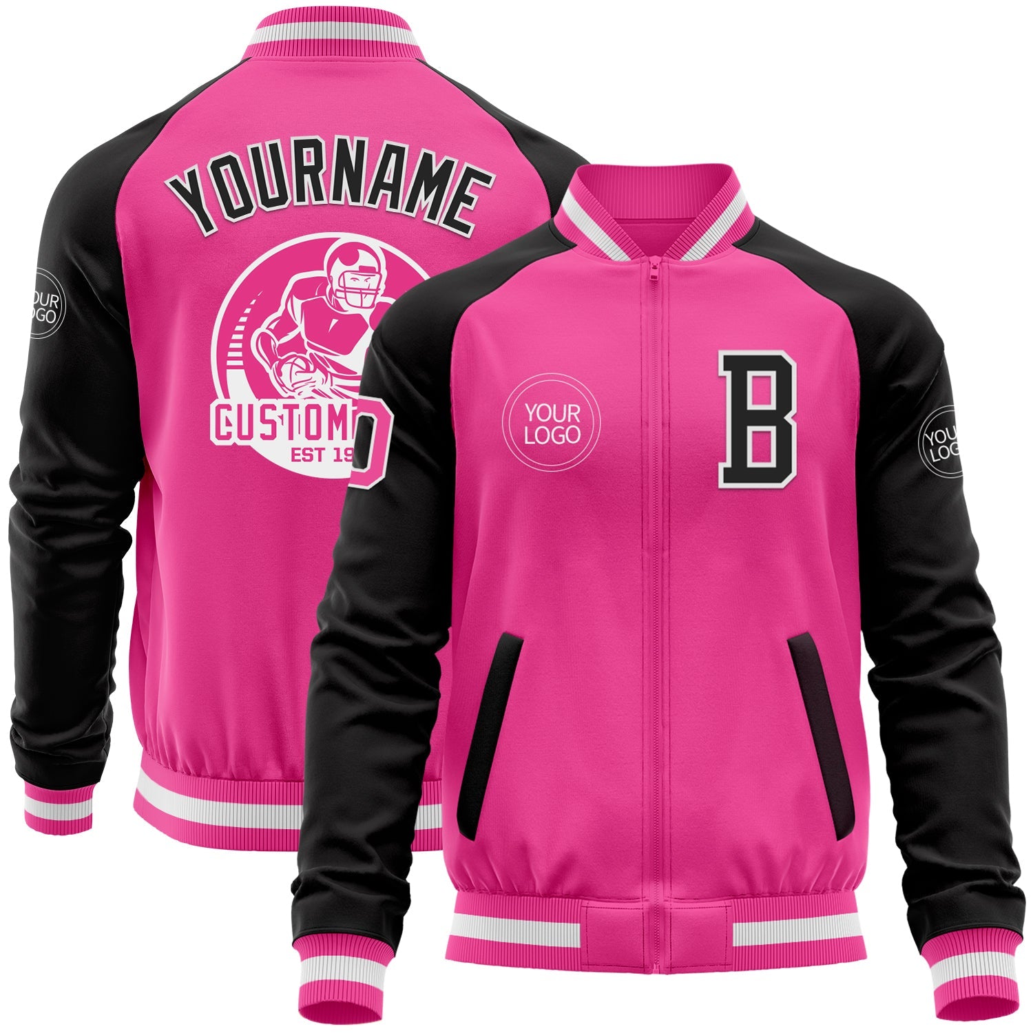 Custom Pink White-Black Bomber Varsity Letterman Two Tone Zipper Jacket - Main View