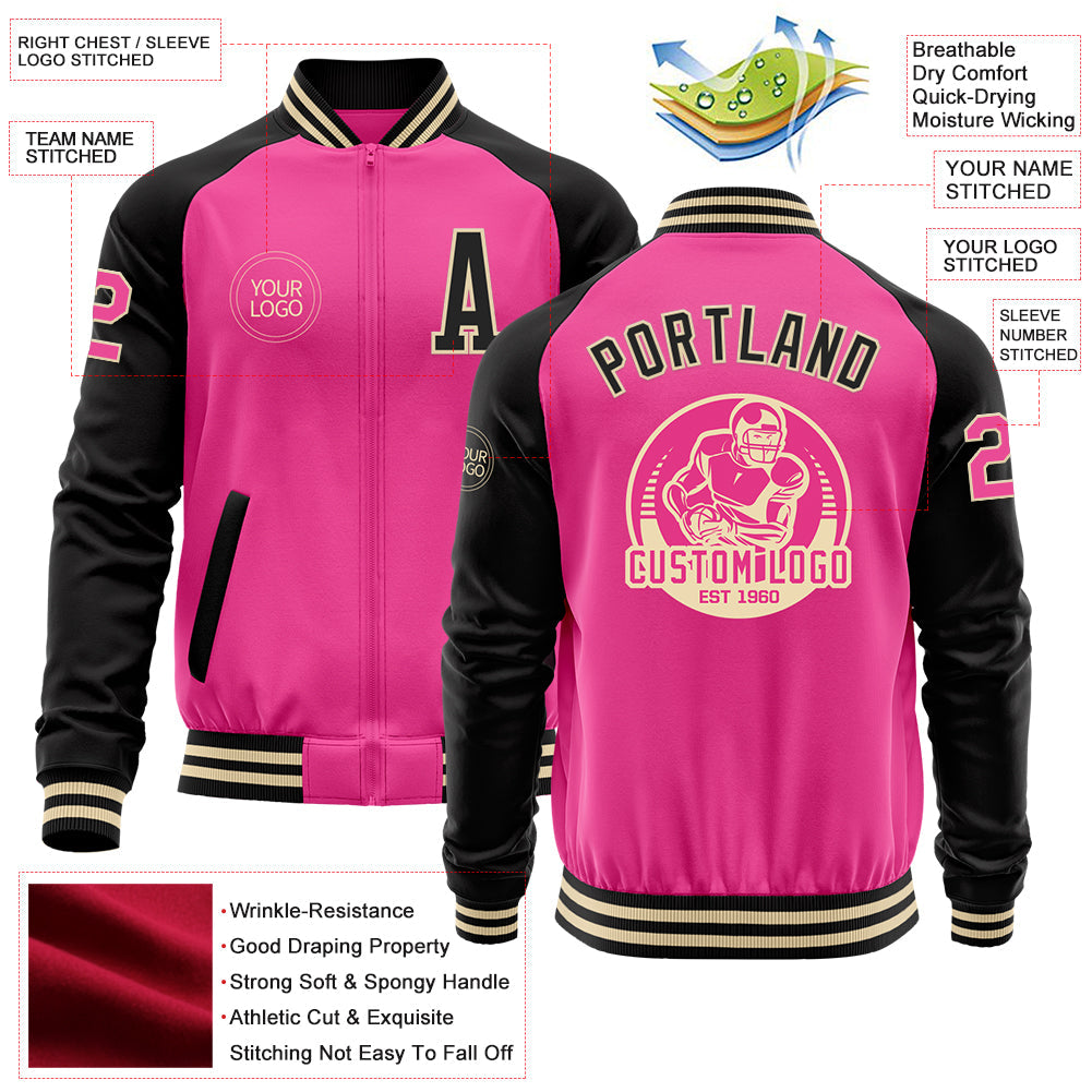 Custom Pink Cream-Black Bomber Varsity Letterman Two Tone Zipper Jacket view 4