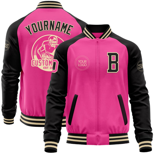 Custom Pink Cream-Black Bomber Varsity Letterman Two Tone Zipper Jacket - Main View