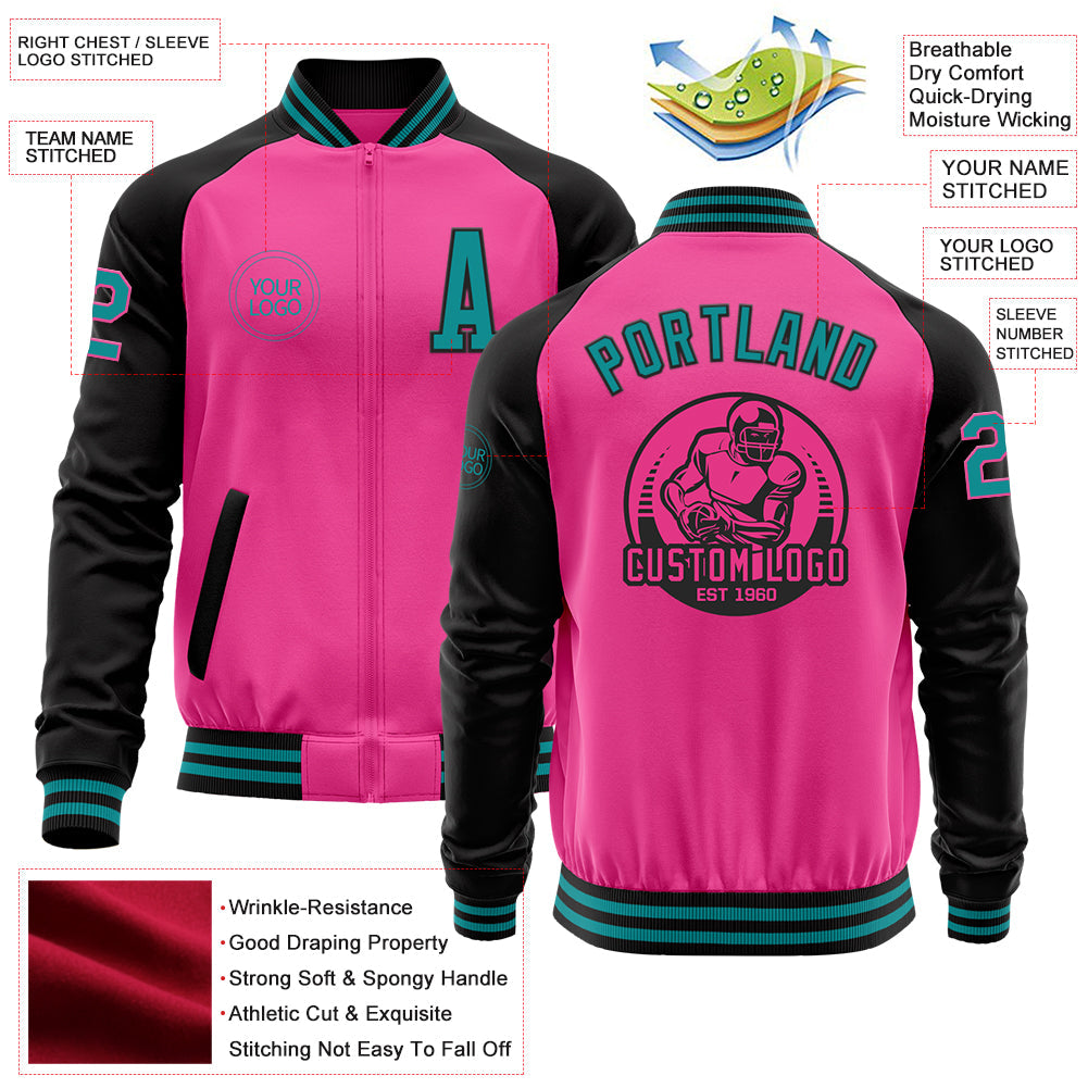 Custom Pink Teal-Black Bomber Varsity Letterman Two Tone Zipper Jacket view 4