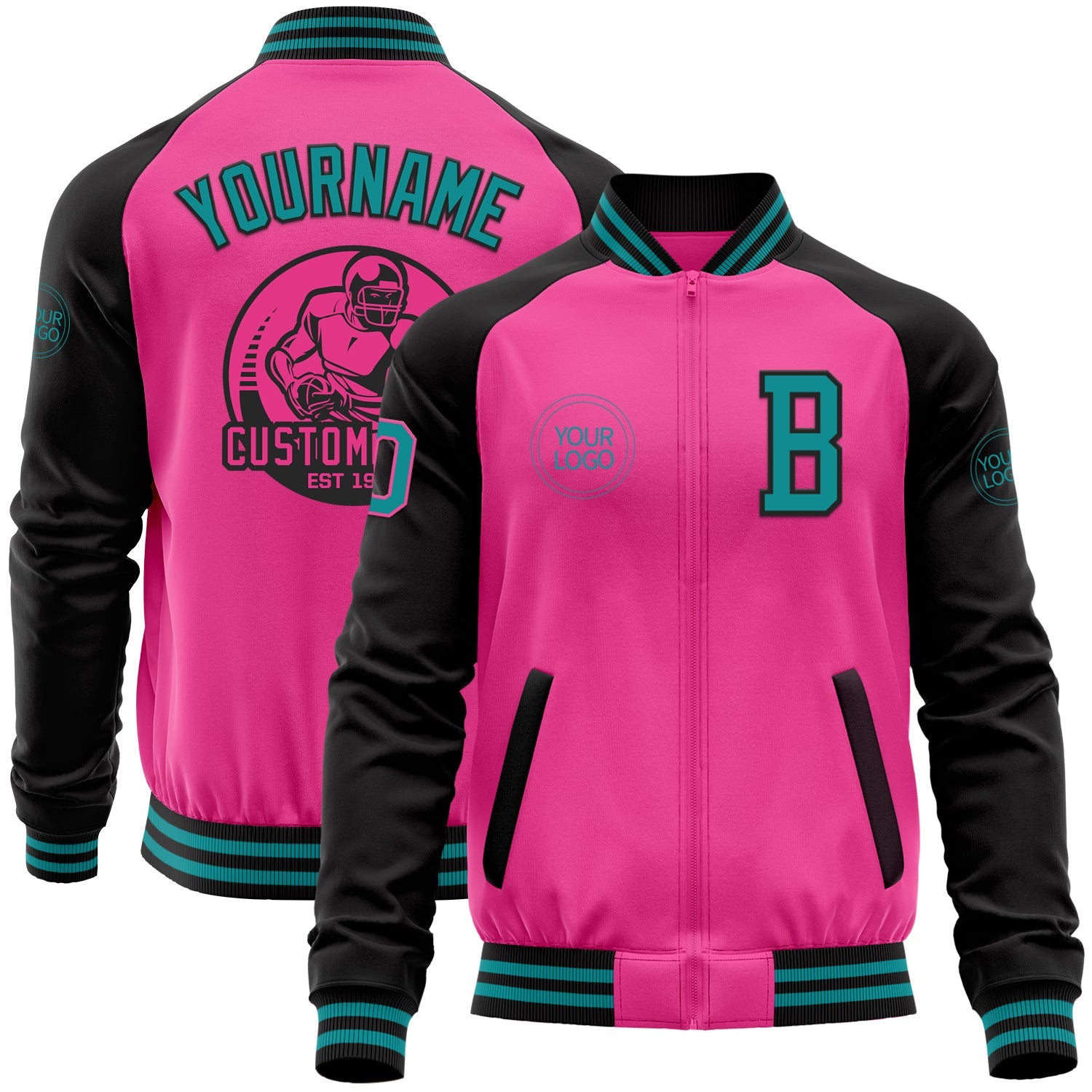 Custom Pink Teal-Black Bomber Varsity Letterman Two Tone Zipper Jacket - Main View