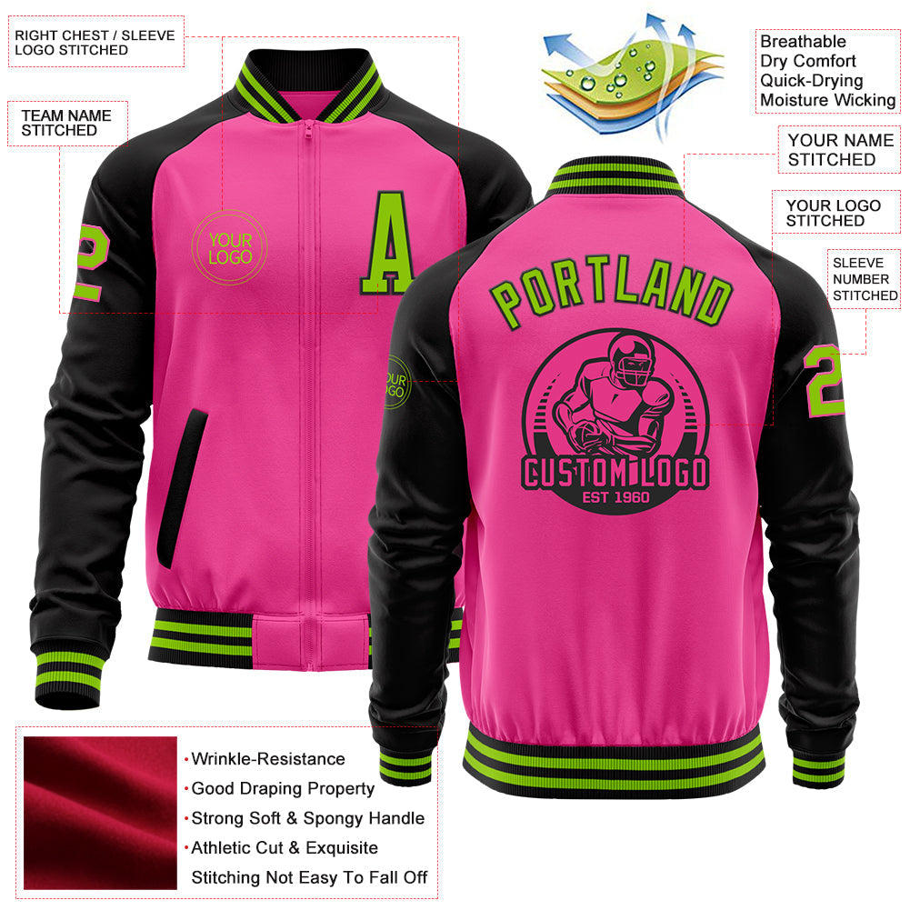 Custom Pink Neon Green-Black Bomber Varsity Letterman Two Tone Zipper Jacket view 4