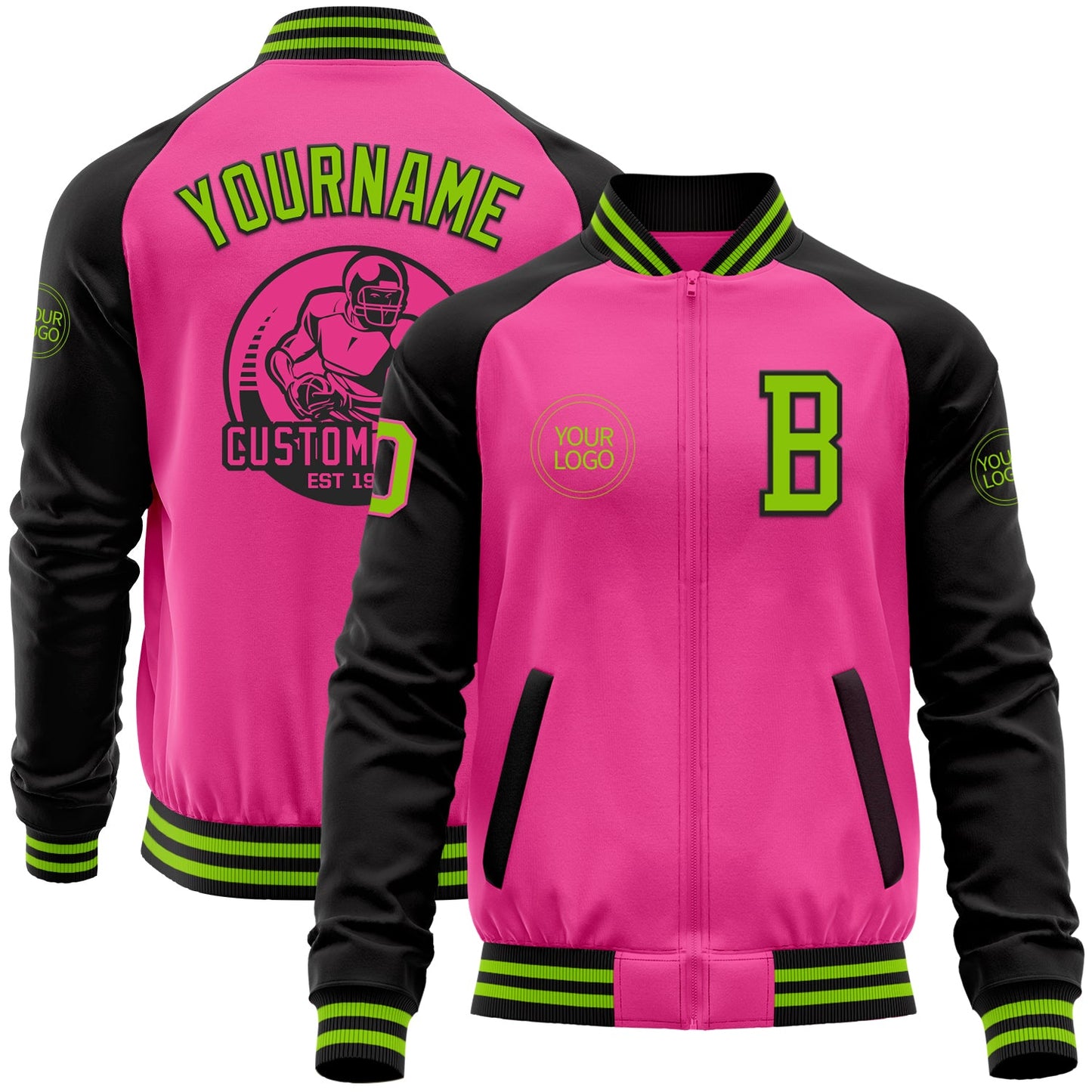 Custom Pink Neon Green-Black Bomber Varsity Letterman Two Tone Zipper Jacket - Main View