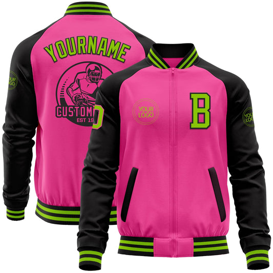 Custom Pink Neon Green-Black Bomber Varsity Letterman Two Tone Zipper Jacket - Main View