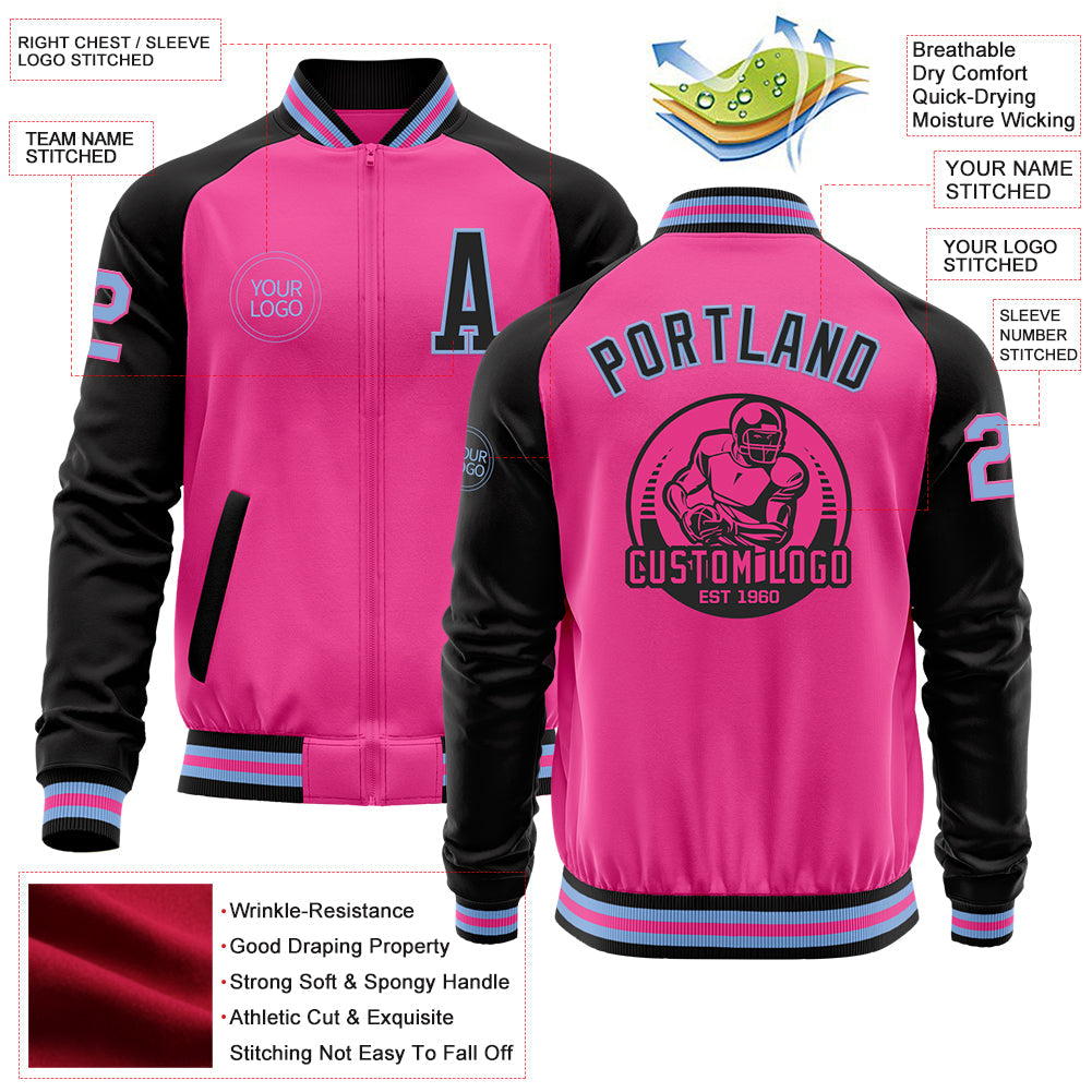 Custom Pink Light Blue-Black Bomber Varsity Letterman Two Tone Zipper Jacket view 4