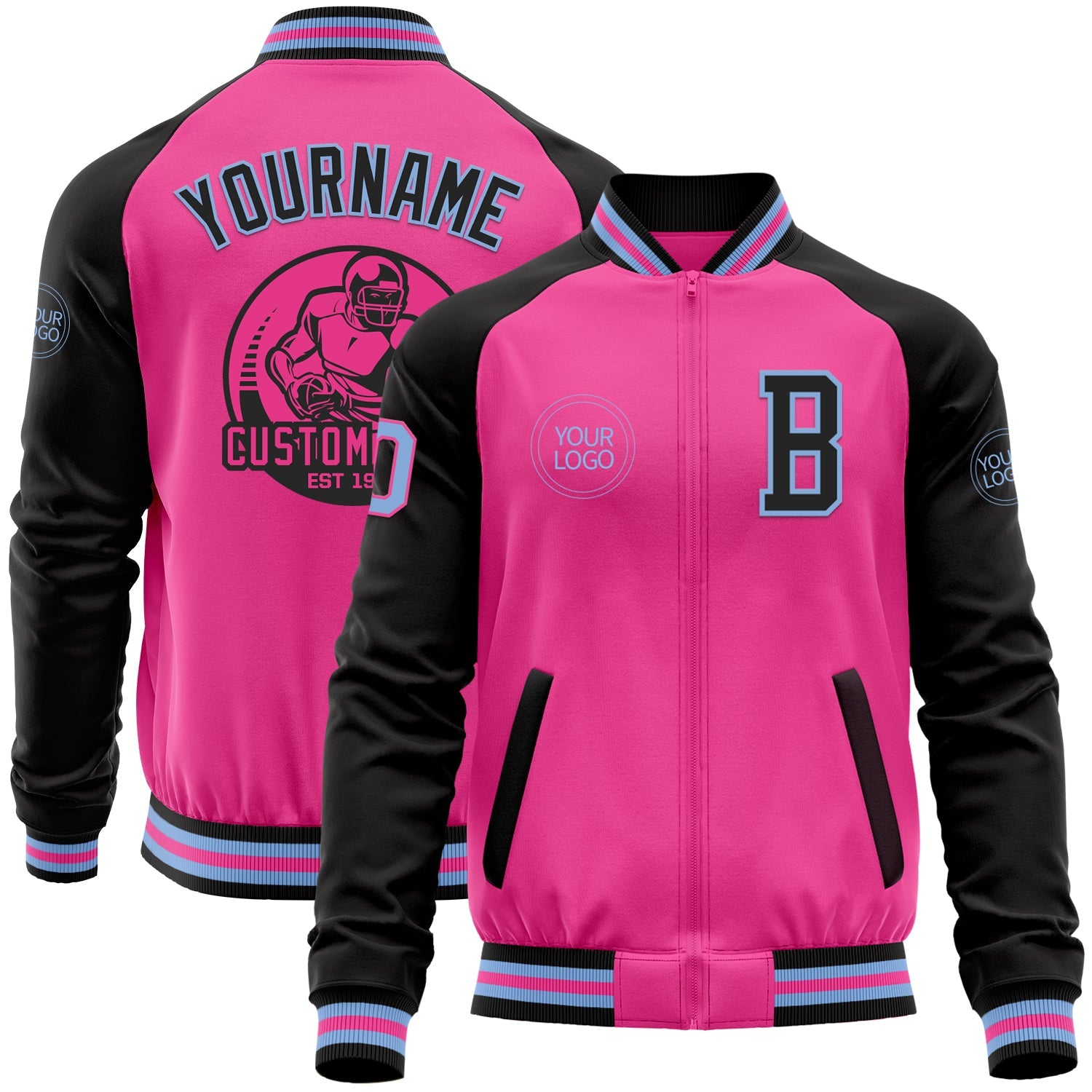 Custom Pink Light Blue-Black Bomber Varsity Letterman Two Tone Zipper Jacket - Main View