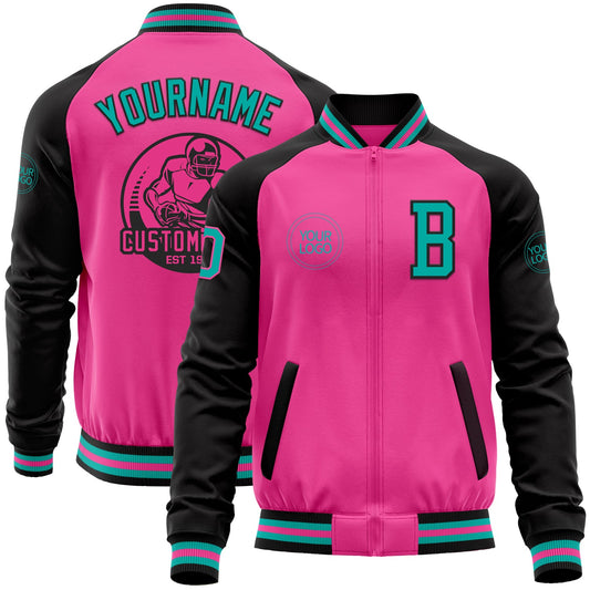 Custom Pink Aqua-Black Bomber Varsity Letterman Two Tone Zipper Jacket - Main View