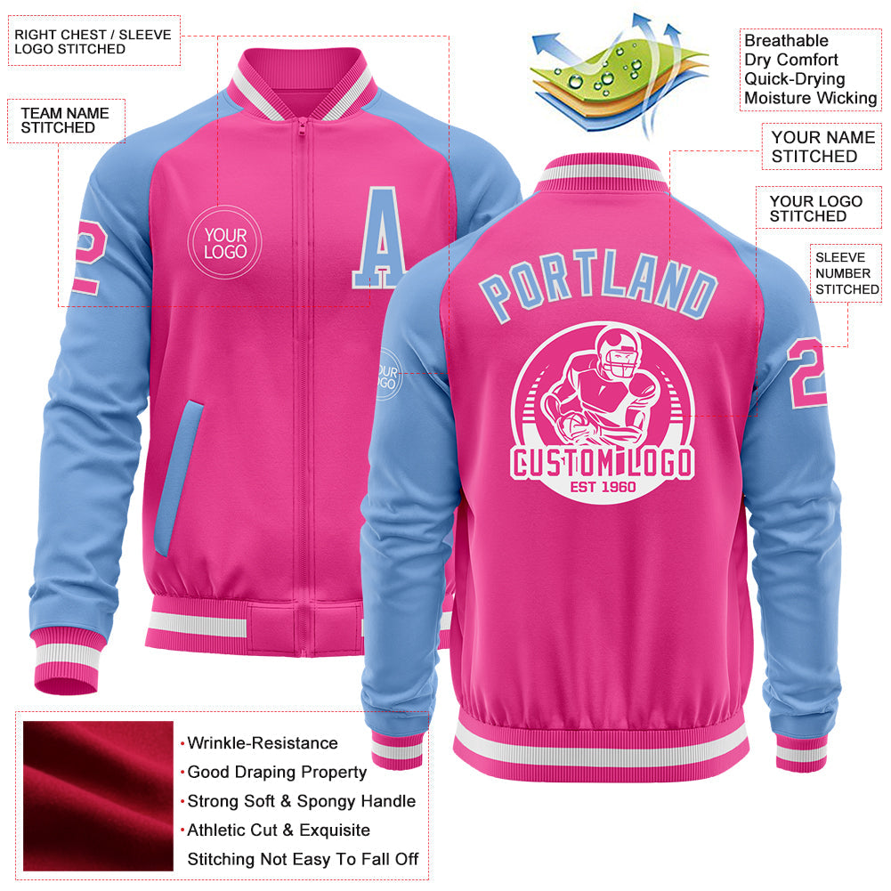 Custom Pink White-Light Blue Bomber Varsity Letterman Two Tone Zipper Jacket view 4