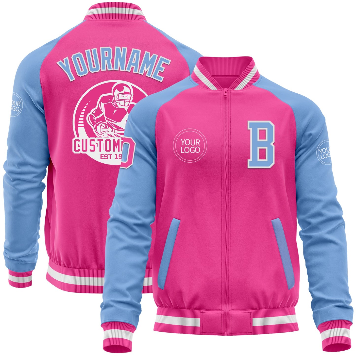 Custom Pink White-Light Blue Bomber Varsity Letterman Two Tone Zipper Jacket - Main View