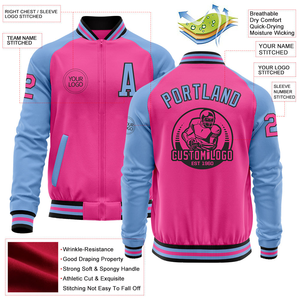 Custom Pink Black-Light Blue Bomber Varsity Letterman Two Tone Zipper Jacket view 4