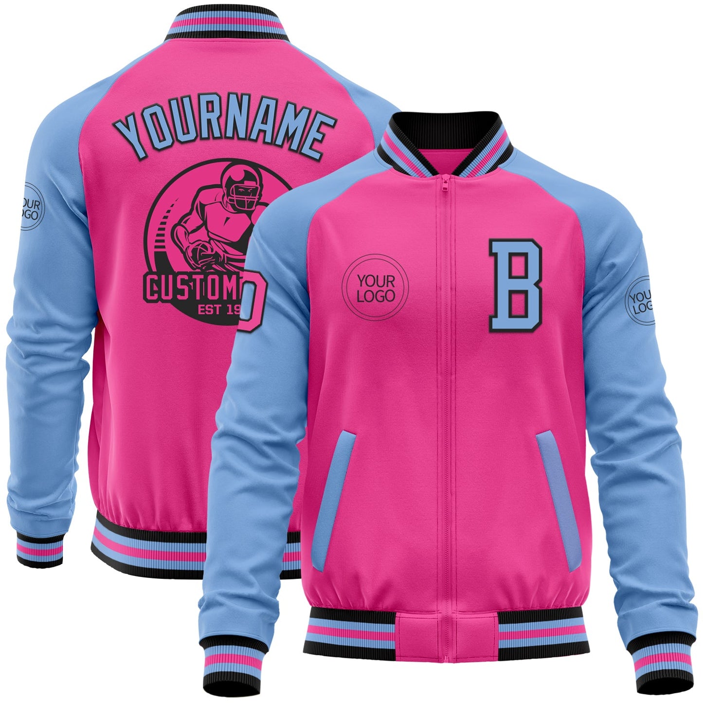 Custom Pink Black-Light Blue Bomber Varsity Letterman Two Tone Zipper Jacket - Main View