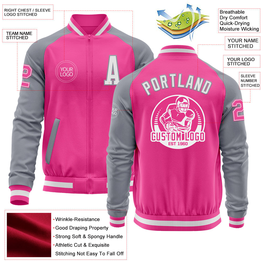 Custom Pink White-Gray Bomber Varsity Letterman Two Tone Zipper Jacket view 4