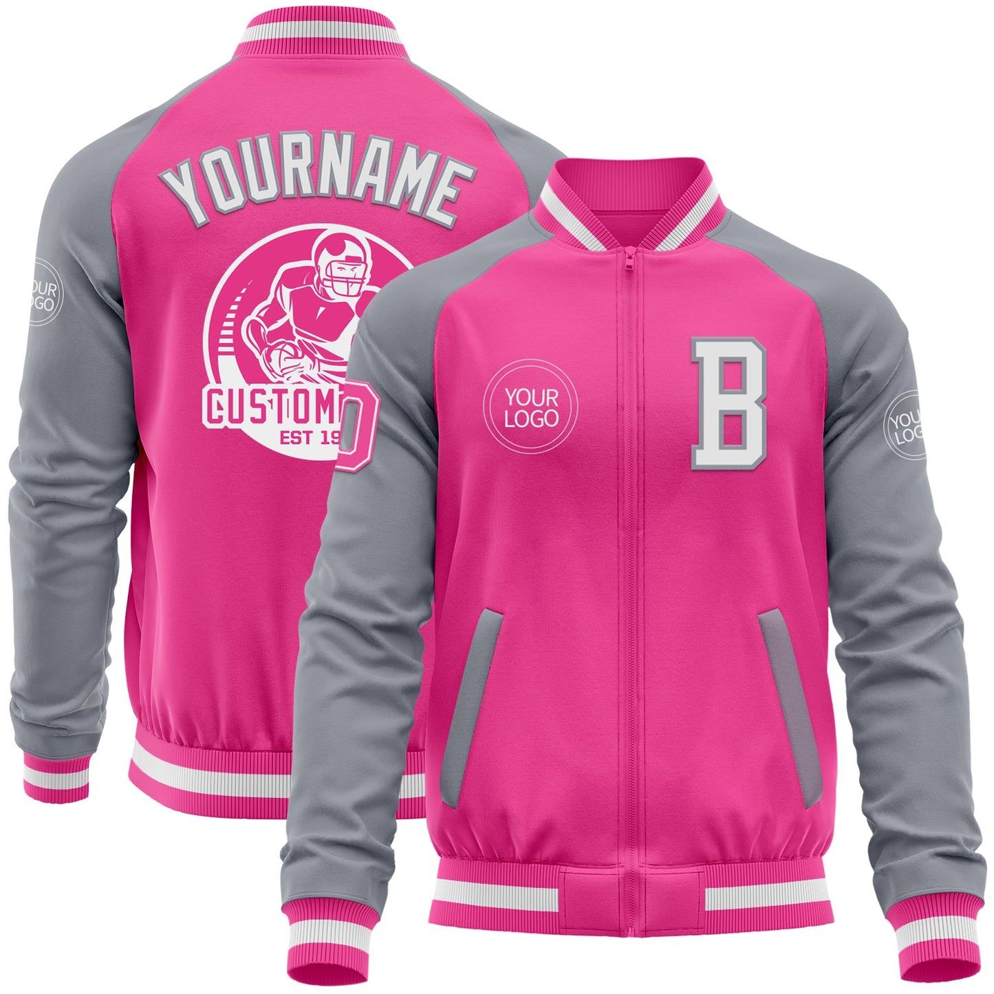 Custom Pink White-Gray Bomber Varsity Letterman Two Tone Zipper Jacket - Main View