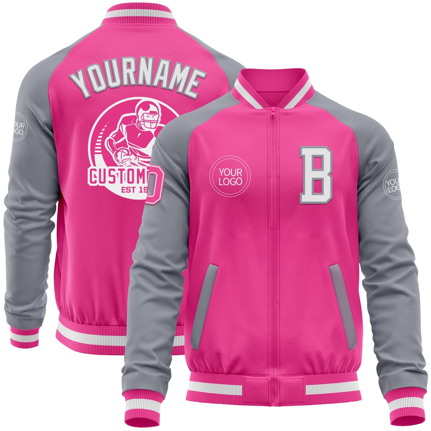 Custom Pink White-Gray Bomber Varsity Letterman Two Tone Zipper Jacket - Main View