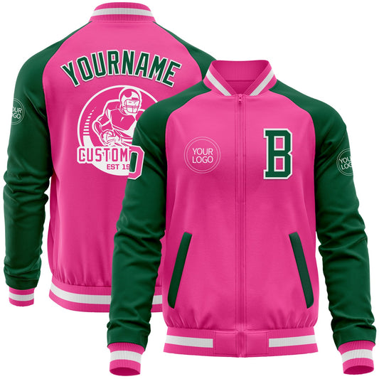 Custom Pink White-Kelly Green Bomber Varsity Letterman Two Tone Zipper Jacket - Main View
