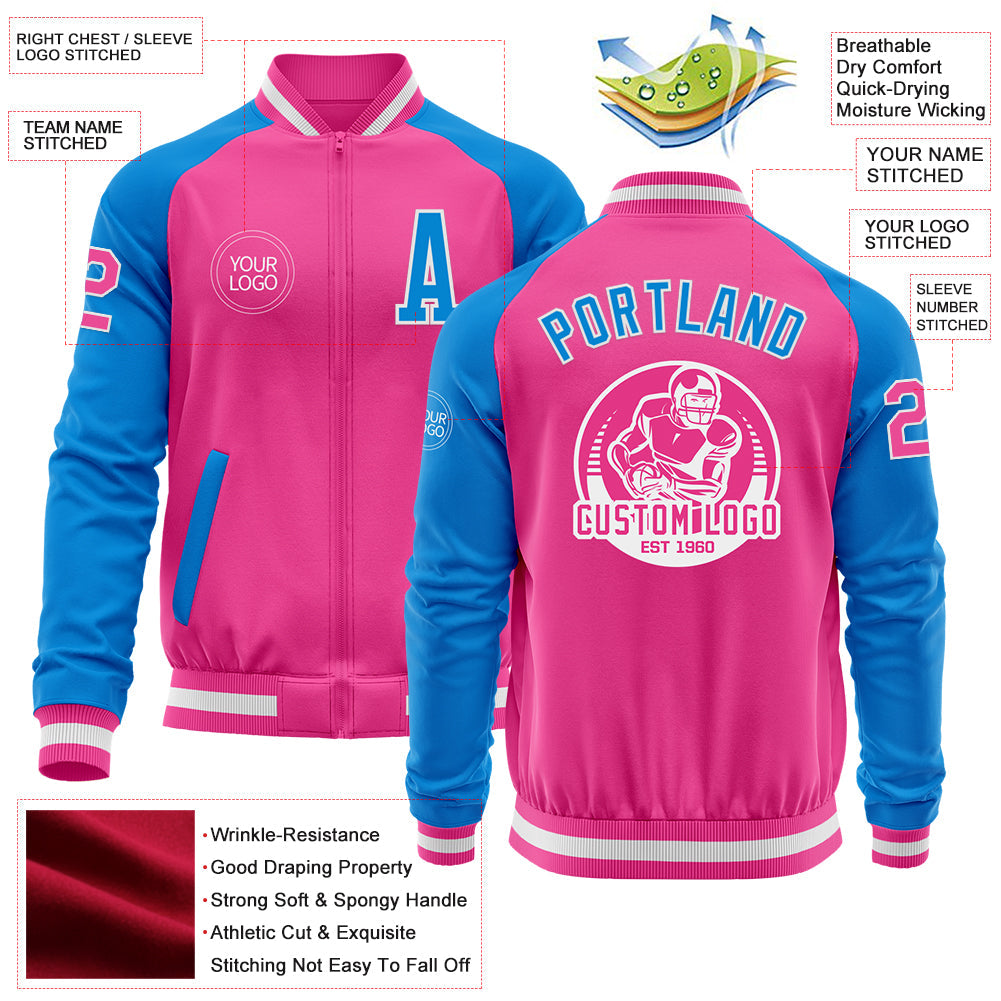 Custom Pink White-Powder Blue Bomber Varsity Letterman Two Tone Zipper Jacket view 4
