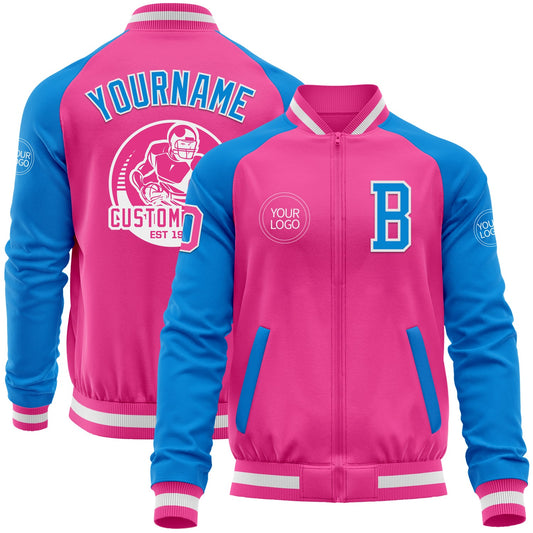 Custom Pink White-Powder Blue Bomber Varsity Letterman Two Tone Zipper Jacket - Main View