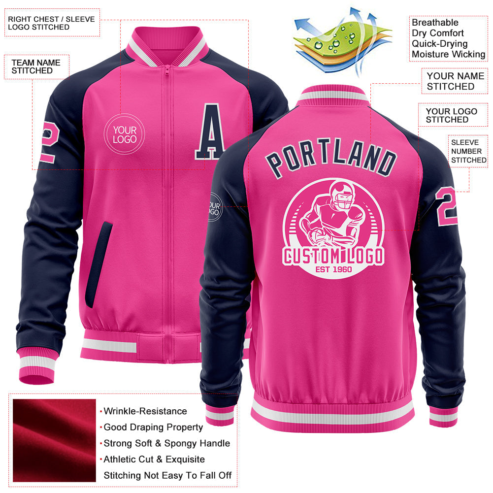 Custom Pink White-Navy Bomber Varsity Letterman Two Tone Zipper Jacket view 4