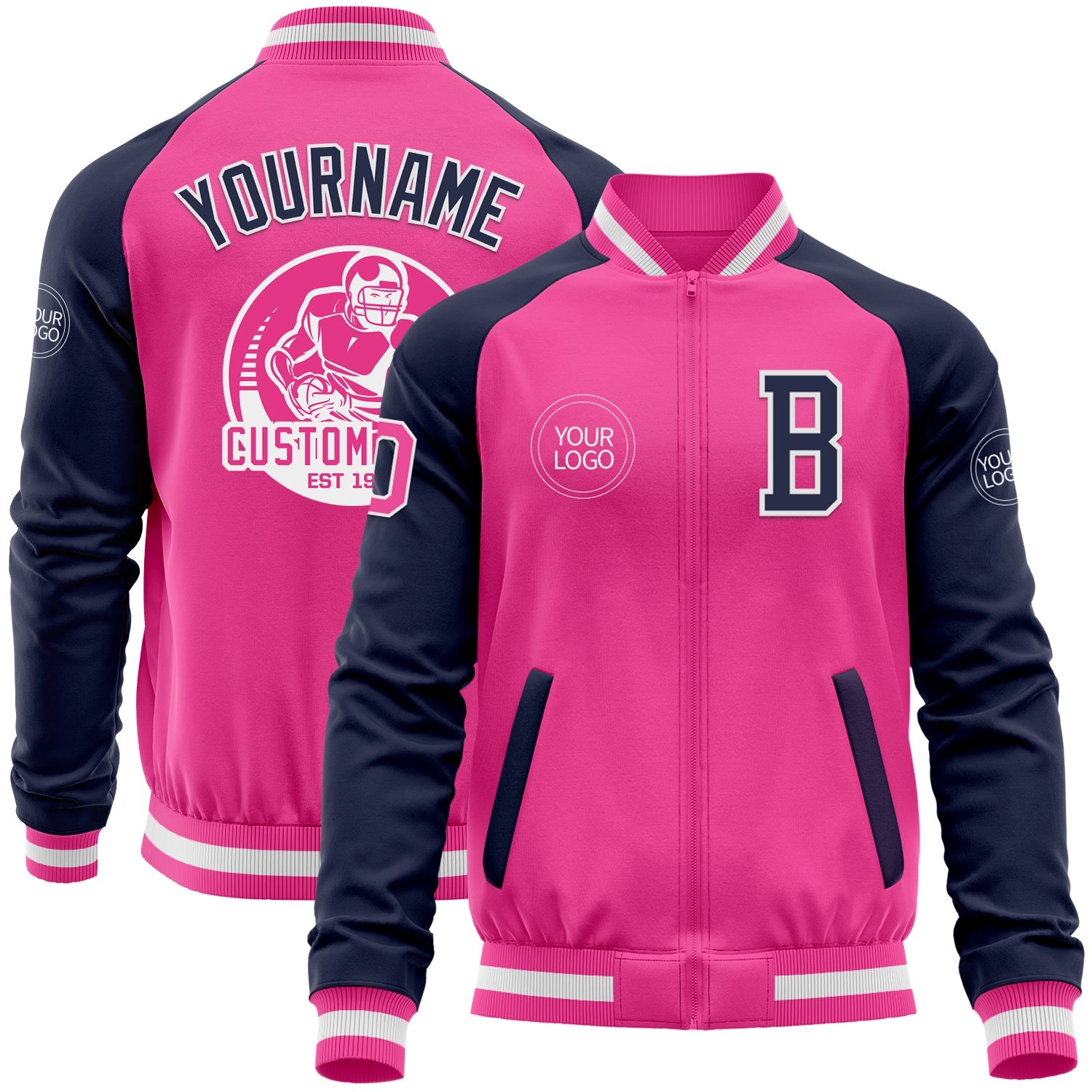 Custom Pink White-Navy Bomber Varsity Letterman Two Tone Zipper Jacket - Main View