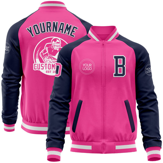 Custom Pink White-Navy Bomber Varsity Letterman Two Tone Zipper Jacket - Main View