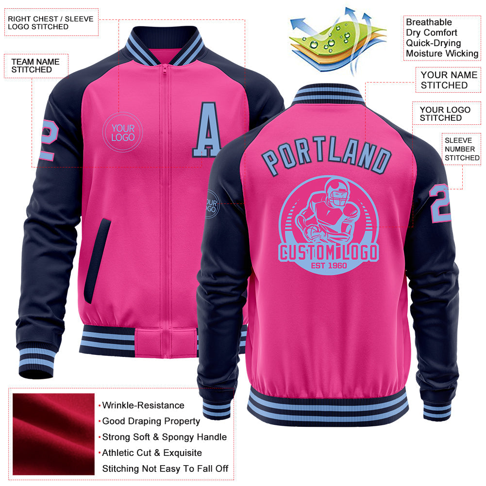 Custom Pink Light Blue-Navy Bomber Varsity Letterman Two Tone Zipper Jacket view 4