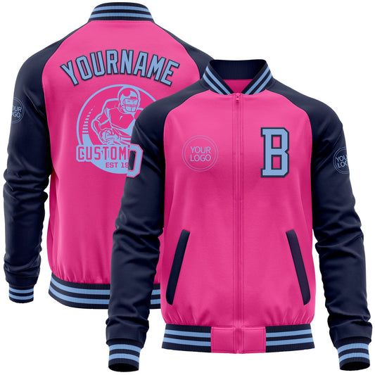 Custom Pink Light Blue-Navy Bomber Varsity Letterman Two Tone Zipper Jacket - Main View
