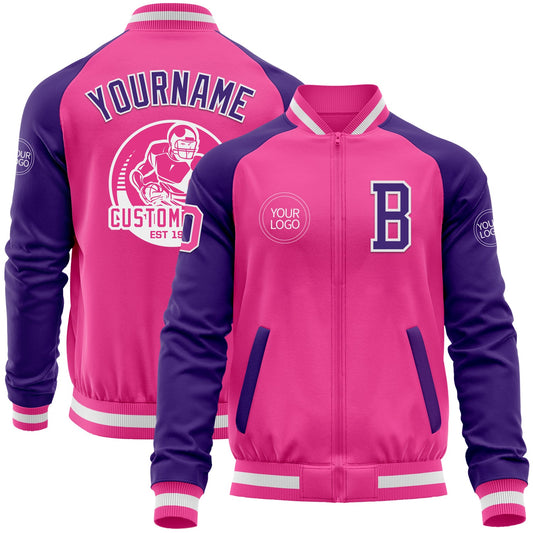 Custom Pink White-Purple Bomber Varsity Letterman Two Tone Zipper Jacket - Main View