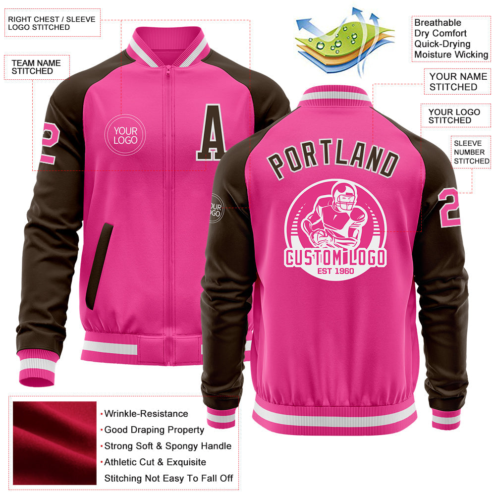 Custom Pink White-Brown Bomber Varsity Letterman Two Tone Zipper Jacket view 4